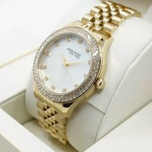 Anne Klein Mother of Pearl Gold-Tone Watch with Crystal Bezel